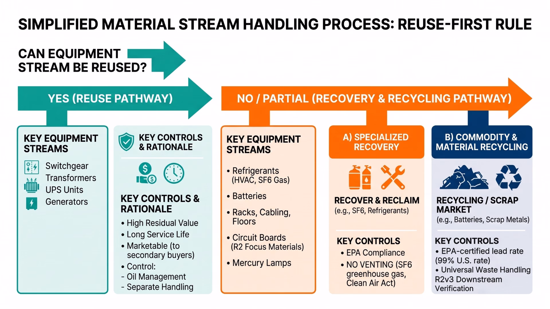 Simplified material stream handling process: reuse-first rule for data center decommissioning