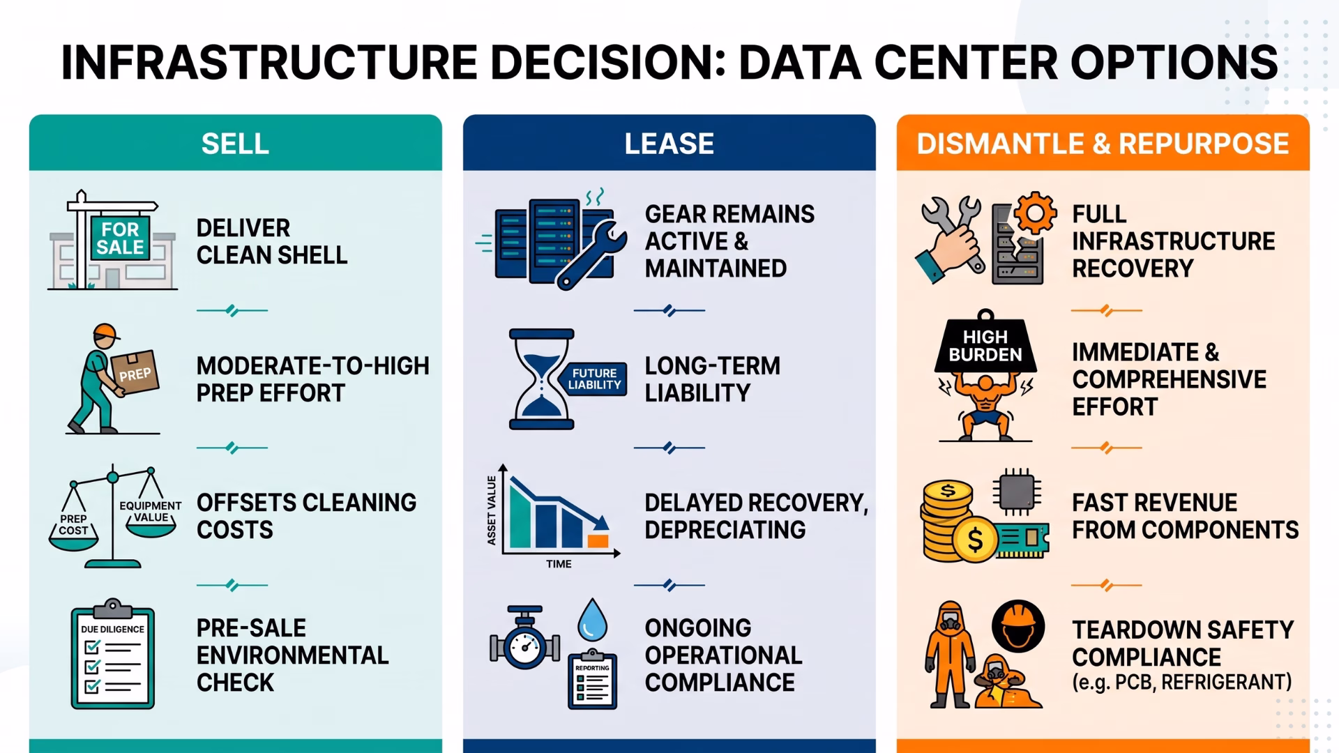 Infographic comparing three options to exit a data center: sell, lease, or dismantle and repurpose infrastructure.
