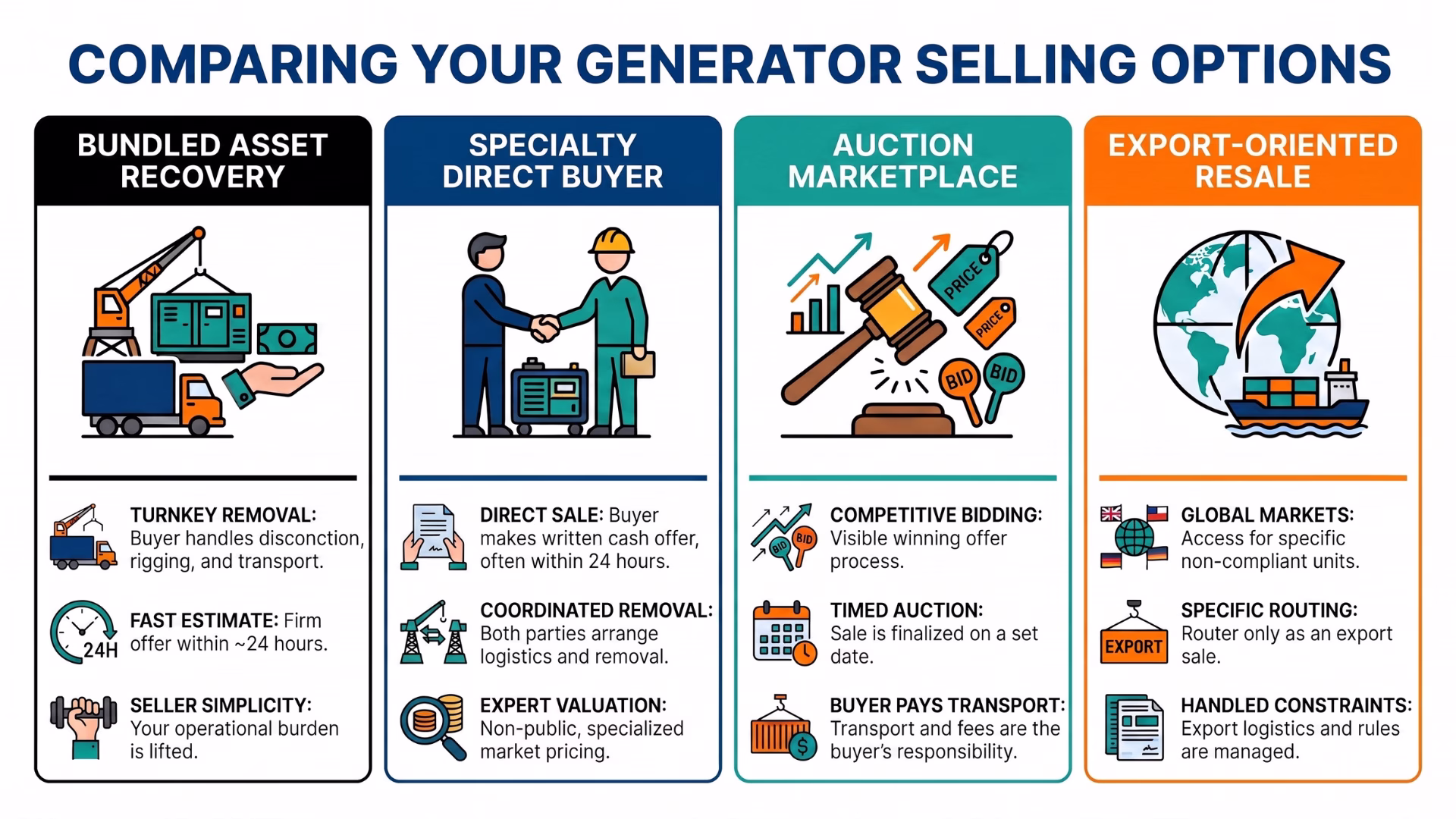 Infographic explaining who buys used industrial generators by comparing four selling options: bundled asset recovery, specialty direct buyers, auction marketplaces, and export resale.